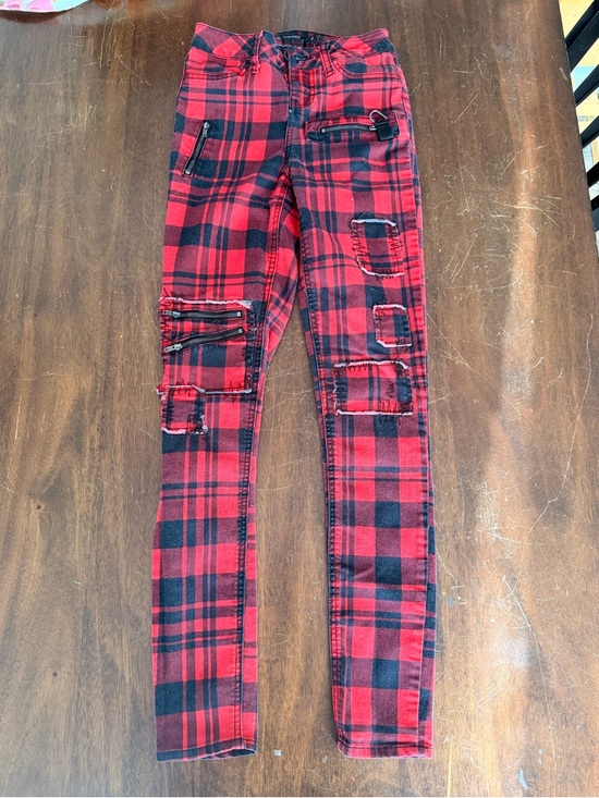 Blackheart Pants - Black heart Red & Black Plaid Skinny Pants with Zip and Patch Details